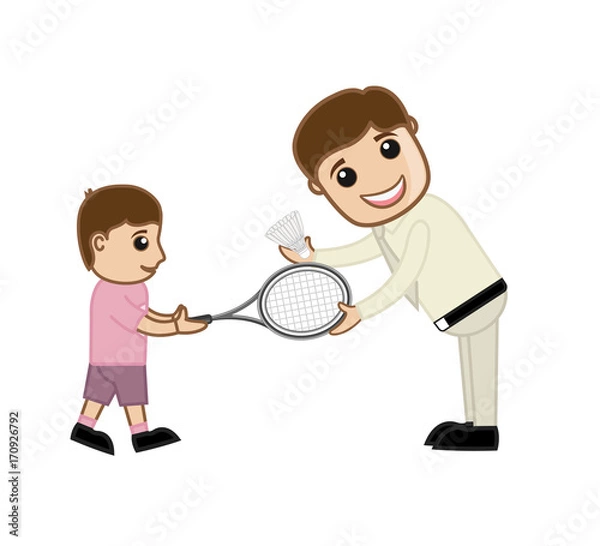 Fototapeta Man Presenting Badminton to a Kid Boy