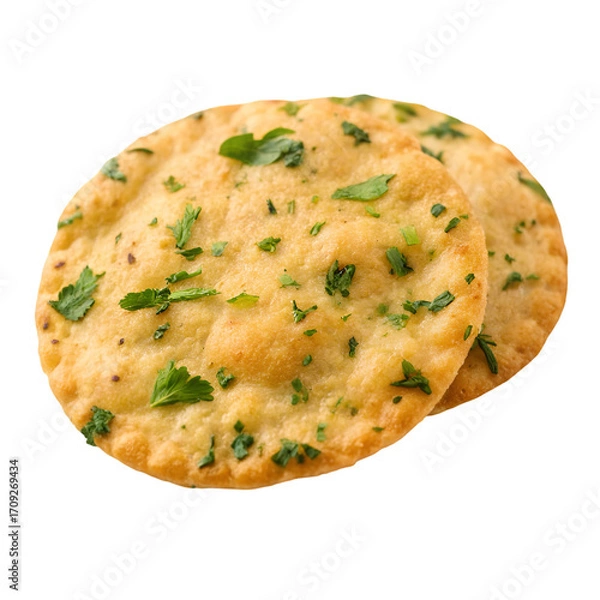 Obraz Two Round Golden Flatbreads with Chopped Green Herbs baked crispy