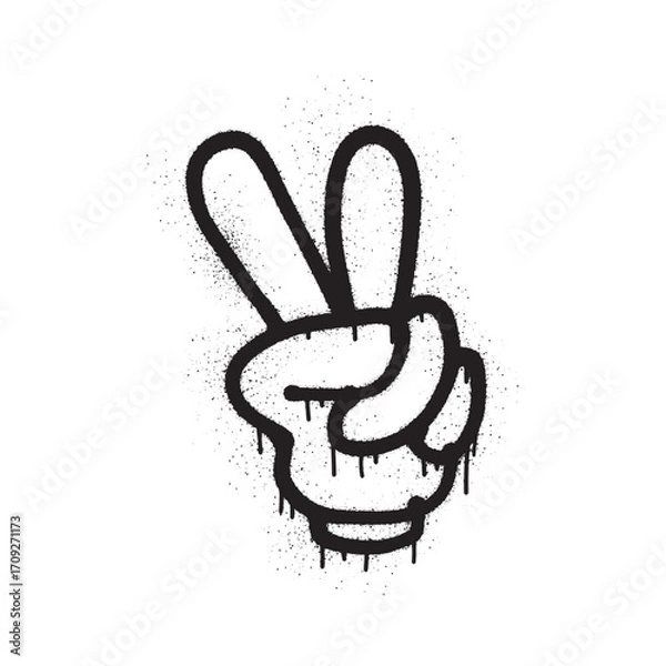 Fototapeta Black and white graphic of a hand making a peace sign, with a spray paint effect.