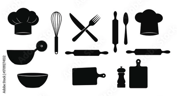 Fototapeta Black silhouette icons depicting cooking tools and chef hats for culinary arts