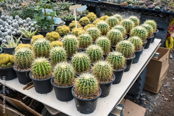 Fototapeta Rows of potted golden barrel cacti neatly arranged in a greenhouse setting showcasing their spiky texture and desert plant appeal