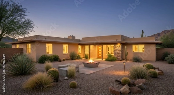 Fototapeta Modern southwestern style home at dusk