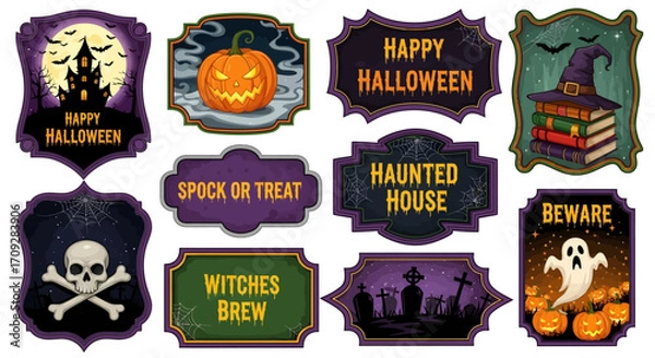 Fototapeta A collection of vintage-style Halloween labels and stickers featuring spooky illustrations like a haunted house, jack-o'-lantern, ghost, and skull.