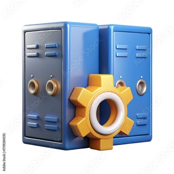 Fototapeta 3d rendering of two blue servers with a yellow gear mechanism isolated on white background