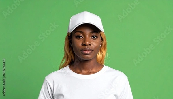 Fototapeta A portrait of a young woman with a joyful expression, wearing a casual hat