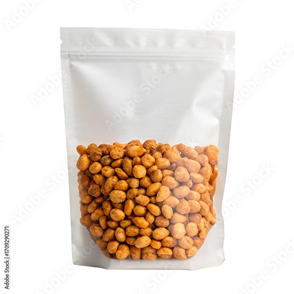 Obraz White resealable pouch filled with seasoned roasted peanuts on a white background snack food
