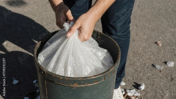 Fototapeta man throwing garbage into bin