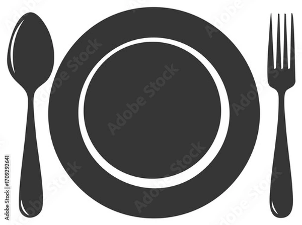 Obraz Simple tableware set illustration with spoon, plate and fork in monochrome design