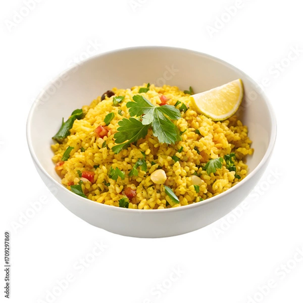Obraz Yellow rice with lemon slice and parsley in a white bowl on a white background cooked rice