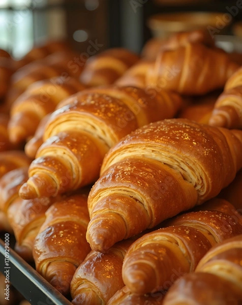 Fototapeta Delicious Golden Croissants Pile for Bakery Display A Fresh Baked Morning Treat Display