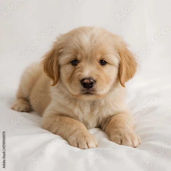 Obraz Adorable Golden Retriever Puppy Resting on a White Surface