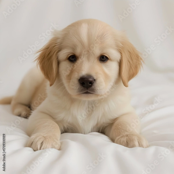 Obraz Adorable Golden Retriever Puppy Resting on a White Surface