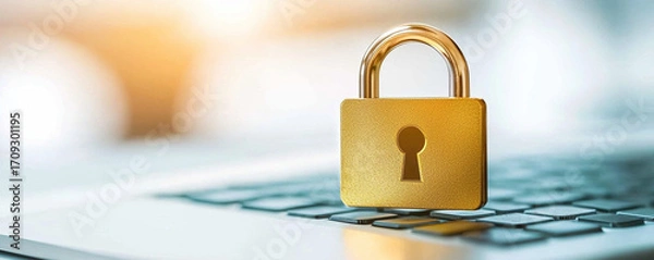 Fototapeta Golden padlock security symbol on laptop keyboard, representing cybersecurity, data protection, privacy, and safe online access