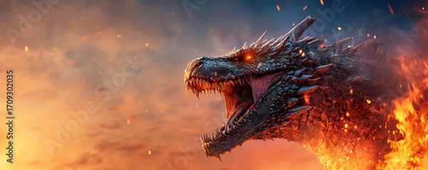 Fototapeta Fiery dragon roaring with glowing eyes, sharp teeth, and scales, surrounded by flames and smoke in fantasy scene