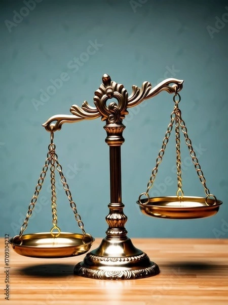 Fototapeta Judicial balance scale in an elegant office setting symbolizing justice and fairness
