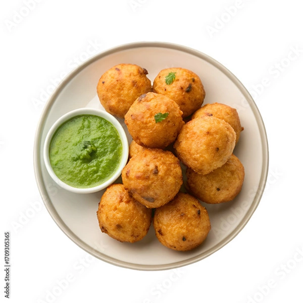 Obraz Assortment of golden fried fritters with green chutney on a white plate fried food snacks