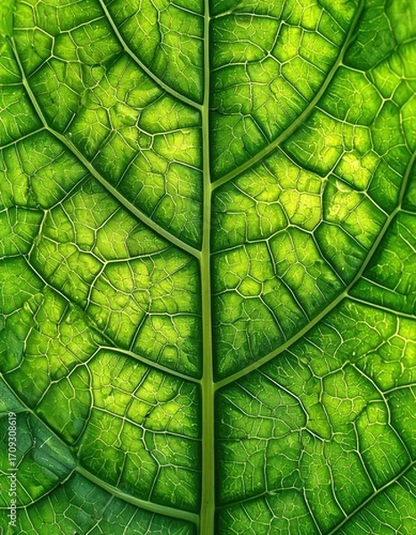 Fototapeta Close-up view of a bright green leaf highlighting the intricate veins and detailed cell structure, back illuminated with sunlight