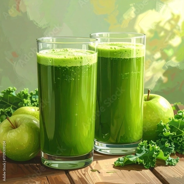 Obraz Two glasses of green smoothie, with green apples and kale on a wooden table, set against a blurry, bright green background