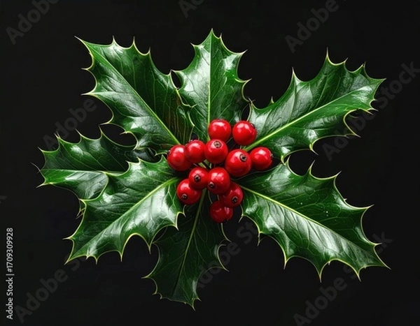 Obraz Christmas holly, showing glossy green leaves and bright red berries arranged centrally on a solid, dark background