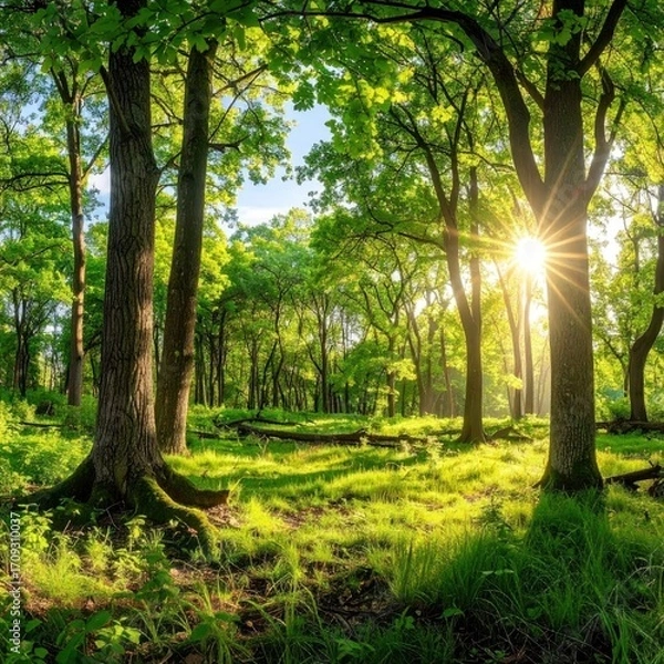 Obraz Sunny forest scene; lush green meadow beneath tall trees, sky visible between branches, sunburst