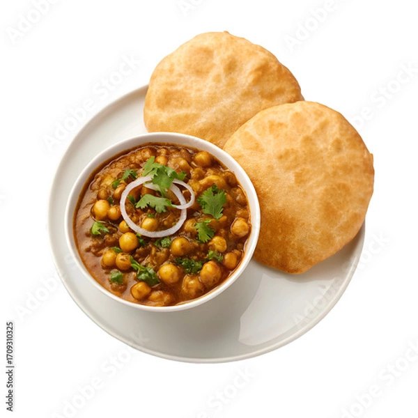 Obraz Bowl of Chickpea Curry with Two Fried Breads on White Plate chole bhature chana masala