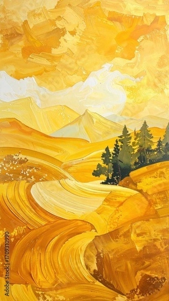 Obraz Golden, textured landscape featuring rolling hills, evergreen trees, and a hazy sky rendered in shades of yellow and brown
