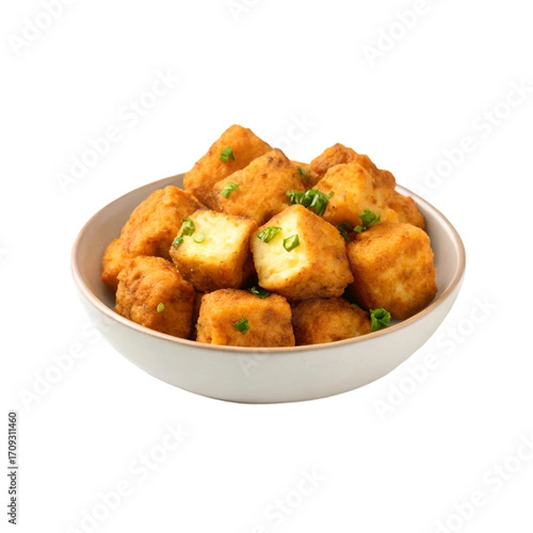 Obraz Bowl of Crispy Fried Paneer Cubes with Green Garnish cheese cubes indian cheese