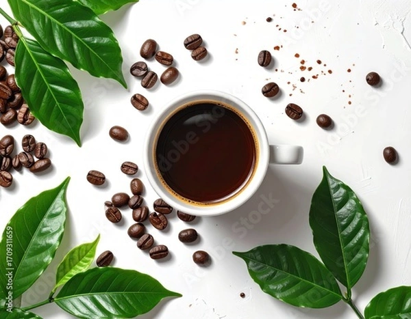 Obraz Coffee cup with dark liquid, amidst green leaves and scattered coffee beans on bright white surface, flat lay, minimal