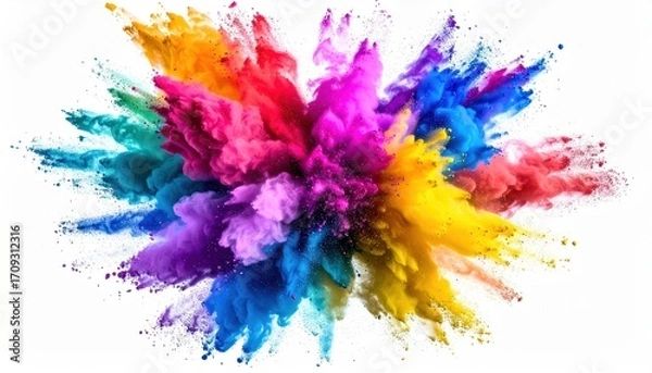 Obraz A vibrant burst of pigmented powder, radiating outward in an explosion of rainbow hues against a stark white background
