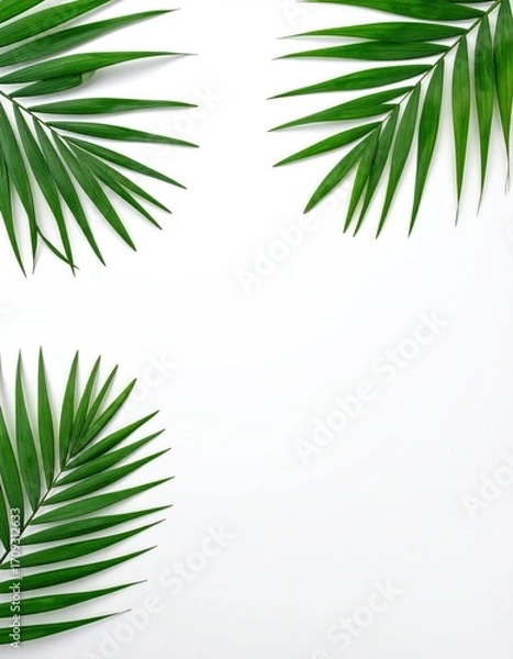 Obraz Three vibrant green palm fronds arranged on a clean white background, creating a refreshing, tropical, and minimalist aesthetic