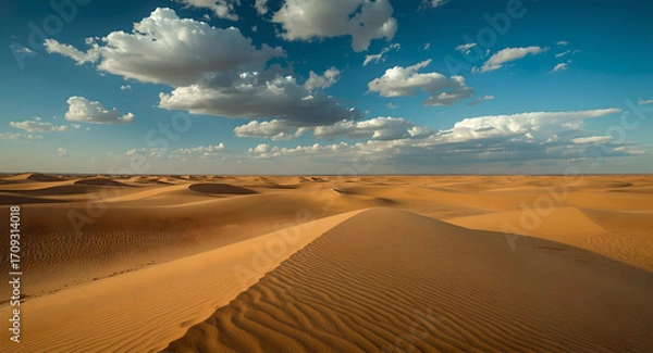 Obraz A vast, sun-drenched desert landscape showcases rolling sand dunes stretching to the horizon.