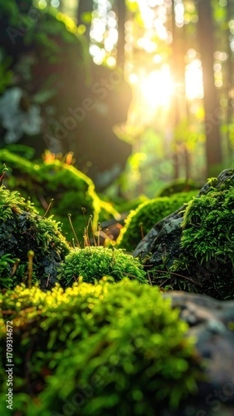 Fototapeta Sunlit moss clings to forest rocks, creating a soft, blurred foreground against a backdrop of trees and golden light