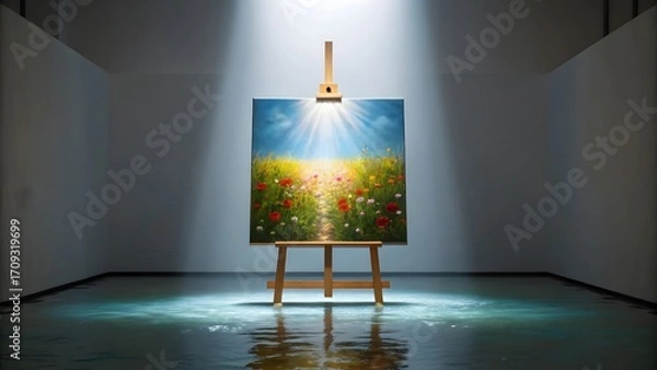Fototapeta Radiant Flower Field Painting on an Easel in an Empty Gallery

