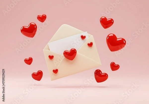 Fototapeta Romantic Valentines Day Theme Featuring Beige Envelope and Red Hearts on Pink Background Perfect for Love Letters and Special Occasions