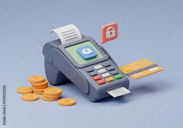Fototapeta Secure Point of Sale Terminal with Credit Card and Coins for Financial Transactions and Secure Payments in a Modern Setting
