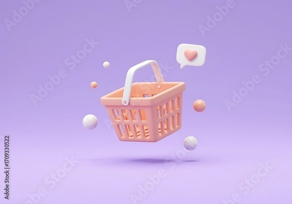 Fototapeta Shopping basket with heart and spheres against a lavender background for online sales and ecommerce marketing