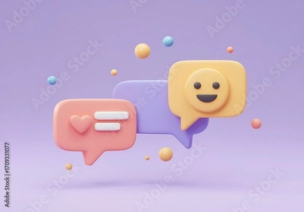 Fototapeta Social media communication concept with chat bubbles showcasing love message and smiley face on a lilac background in 3D rendering