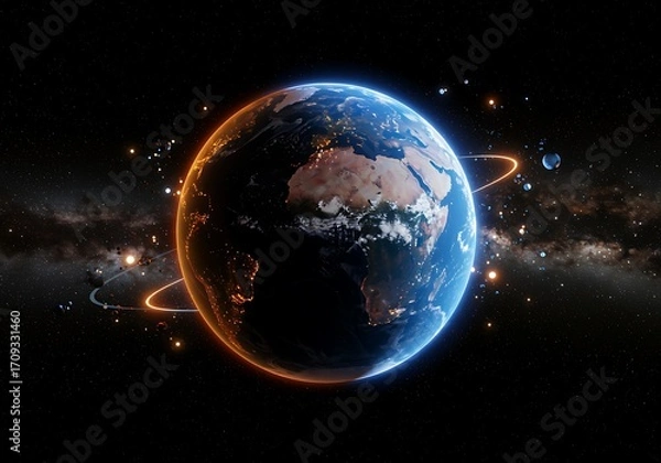 Fototapeta Spectacular view of Earth from space with city lights and orbital rings highlighting a stunning cosmic scene