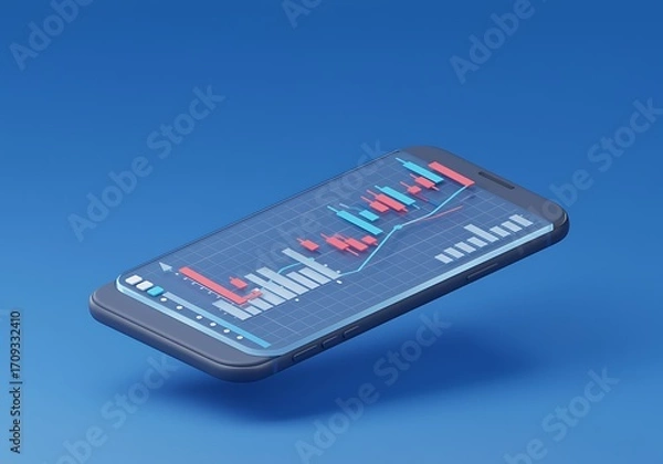 Fototapeta Stylized Smartphone Displaying Stock Market Analysis and Financial Data with Bullish and Bearish Indicators for Investment Decisions on Blue Background
