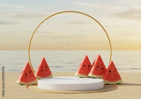 Fototapeta Summer Fruit Showcase Podium with Watermelon Slices and Golden Accents on Beach Background for Creative Displays
