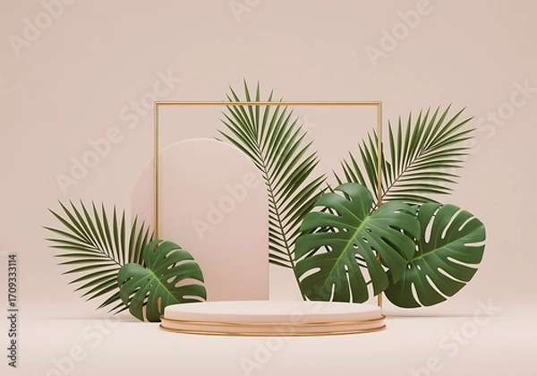 Fototapeta Tropical Podium with Monstera and Palm Leaves Elegant Product Display Platform for Cosmetic or Beauty Products Presentation and Marketing