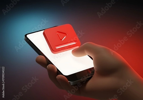 Fototapeta Watching Videos Online on a Mobile Phone Hand holding Smartphone with Red Play Button Modern Digital Technology and Entertainment Concept