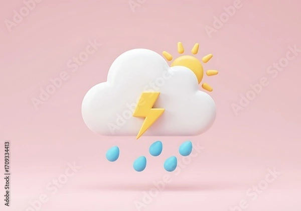 Fototapeta Weather forecast icon featuring cloud rain sun and lightning symbol on pastel pink background representing climate change and weather conditions