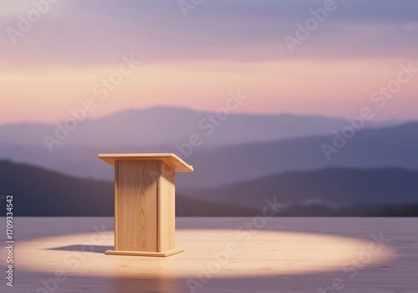 Fototapeta Wooden Podium with Mountain Backdrop and Soft Lighting Ideal for Presentations and Public Speaking Events with a Scenic Vista