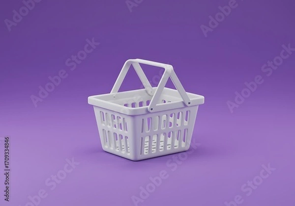 Fototapeta White plastic shopping basket on purple background retail concept minimal design online shopping grocery store mockup template modern design