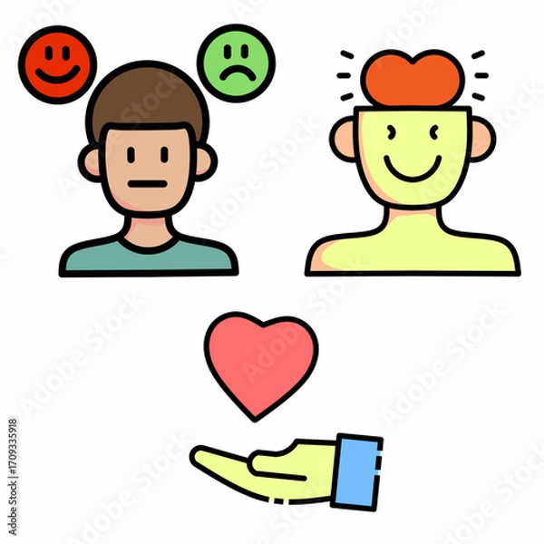 Fototapeta Vector art of humans with angry and happy expressions, also helping others and humans with thoughts full of love.