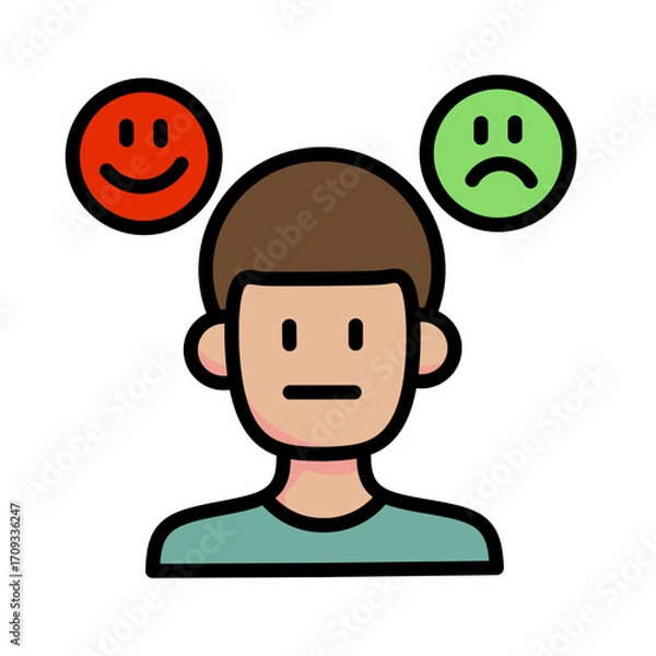 Fototapeta Vector art of a human with two expressions, happy and angry, for the theme of mental health and physical health. 