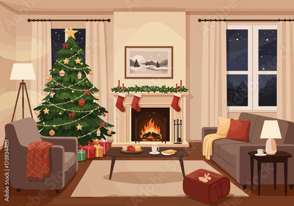 Obraz Christmas Living Room with Tree and Fireplace Illustration.