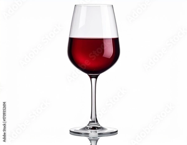 Fototapeta An elegant crystal glass filled with rich, deep red wine, isolated on a clean white background for a sophisticated tasting experience