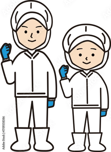 Obraz ガッツポーズをする工場で働く姿の男性と女性(マスクなし)